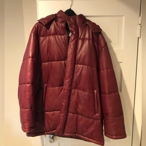 Garnet-colored, leather jacket with detachable hood